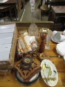 SUNDRY ITEMS INCLUDING A CUT GLASS DECANTER STOPPER, MODERN CARRIAGE CLOCK, ONE OTHER CARRIAGE