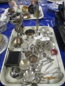 TRAY CONTAINING PLATED WARES, SUGAR TONGS, MUSTARD POT AND SALT AND PEPPER ETC