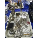 TRAY CONTAINING PLATED WARES, SUGAR TONGS, MUSTARD POT AND SALT AND PEPPER ETC