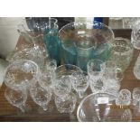 QUANTITY OF CUT GLASS WARES INCLUDING TWO FRUIT BOWLS, GREEN GLASS BEAKERS AND CUT GLASS WINE
