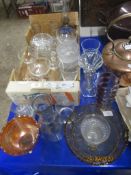GROUP OF GLASS WARES INCLUDING A CARNIVAL GLASS BOWL, FRENCH GLASS VASE, FLUTED VASE ETC
