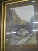 PRINT OF A FRENCH RIVER SCENE IN GILT FRAME