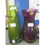 ART GLASS VASES, ONE PURPLE VASE BY DARTINGTON, A GREEN GLASS VASE BY RIIHIMAKI