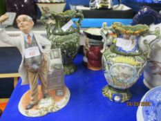 TWO MAJOLICA STYLE VASES AND FURTHER ITALIAN POTTERY FIGURE “RADILOGO”