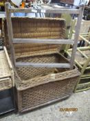 VINTAGE PINE CLOTHES HORSE, BASKET WORK LAUNDRY BASKET, THREE BEDROOM CHAIRS (5)