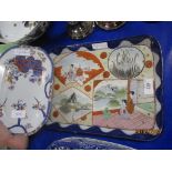 TWO SPODE TOBACCO LEAF TYPE PATTERN DISHES WITH FURTHER ORIENTAL TRAY