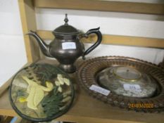 COPPER TRAY INSET WITH A BAROMETER METAL TEA POT AND PLAQUE DECORATED WITH SWANS