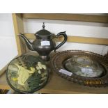 COPPER TRAY INSET WITH A BAROMETER METAL TEA POT AND PLAQUE DECORATED WITH SWANS