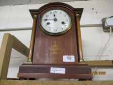 REGENCY STYLE MANTEL CLOCK WITH MARQUETRY EFFECT INLAY TO FRONT