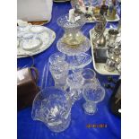 GROUP OF CUT GLASS WARES INCLUDING JUG, FRUIT BOWL, SERVING DISH, FURTHER OVAL DISH