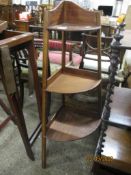 19TH CENTURY ROSEWOOD THREE-TIER WHATNOT, PEDESTAL TABLE AND THREE TIER CORNER STAND