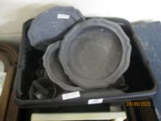 BOX OF PEWTER WARES, PLATES AND BOWLS