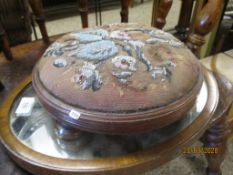 BEADWORK CIRCULAR VICTORIAN FOOT STOOL AND OVAL WALL MIRROR