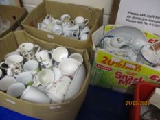 THREE BOXES OF CHINA, MAINLY MUGS AND SAUCERS