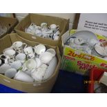 THREE BOXES OF CHINA, MAINLY MUGS AND SAUCERS