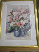 PRINT OF FLOWERS SIGNED BY THE ARTIST, MARTENS, DATED 87, IN GILT FRAME