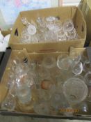 TWO BOXES OF GLASS WARES INCLUDING BRANDY GLASSES, WINE GLASSES, VASES, DECANTER ETC