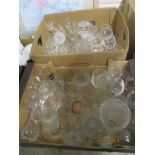 TWO BOXES OF GLASS WARES INCLUDING BRANDY GLASSES, WINE GLASSES, VASES, DECANTER ETC