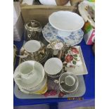 TRAY CONTAINING VARIOUS PLATED ITEMS AND CROCKERY