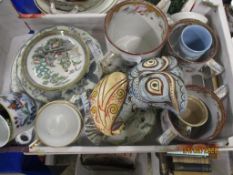 QUANTITY OF POTTERY INCLUDING MODEL OF AN OWL, PLATES MOULDED IN RELIEF WITH FLORAL DECORATION ETC