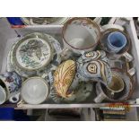 QUANTITY OF POTTERY INCLUDING MODEL OF AN OWL, PLATES MOULDED IN RELIEF WITH FLORAL DECORATION ETC