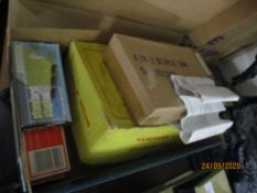 BOX CONTAINING VARIOUS SEWING AND STAPLING IMPLEMENTS INCLUDING A STAPLING AND NAIL GUN BY