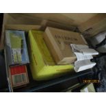 BOX CONTAINING VARIOUS SEWING AND STAPLING IMPLEMENTS INCLUDING A STAPLING AND NAIL GUN BY