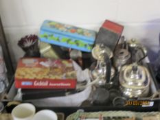 LARGE TRAY CONTAINING PLATED WARES, SOME VINTAGE BISCUIT TINS, PLATED FLATWARES, CUT GLASS