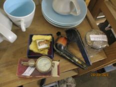 CLAY PIPE IN LEATHER CASE, SMALL LIMOGES ENAMEL BROOCH IN BOX AND A CUT GLASS JAR WITH SILVER TOP