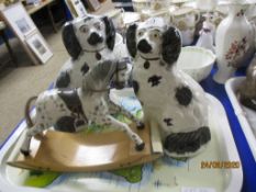 TRAY CONTAINING TWO STAFFORDSHIRE DOGS AND A MODEL OF A ROCKING HORSE