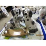 TRAY CONTAINING TWO STAFFORDSHIRE DOGS AND A MODEL OF A ROCKING HORSE