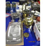 BRASS KETTLE ON STAND, BRASS CRUCIFIX AND OTHER BRASS ITEMS ETC