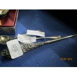 BUTTON HOOK WITH SILVER HANDLE, HALLMARKED, TOGETHER WITH A MUSTARD SPOON AND FURTHER SILVER TEA