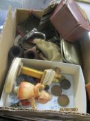 BOX CONTAINING A GOEBBELS FIGURE OF A CHILD CONDUCTING BIRDS, SUNDRY ITEMS OF SILVER PLATE AND SMALL