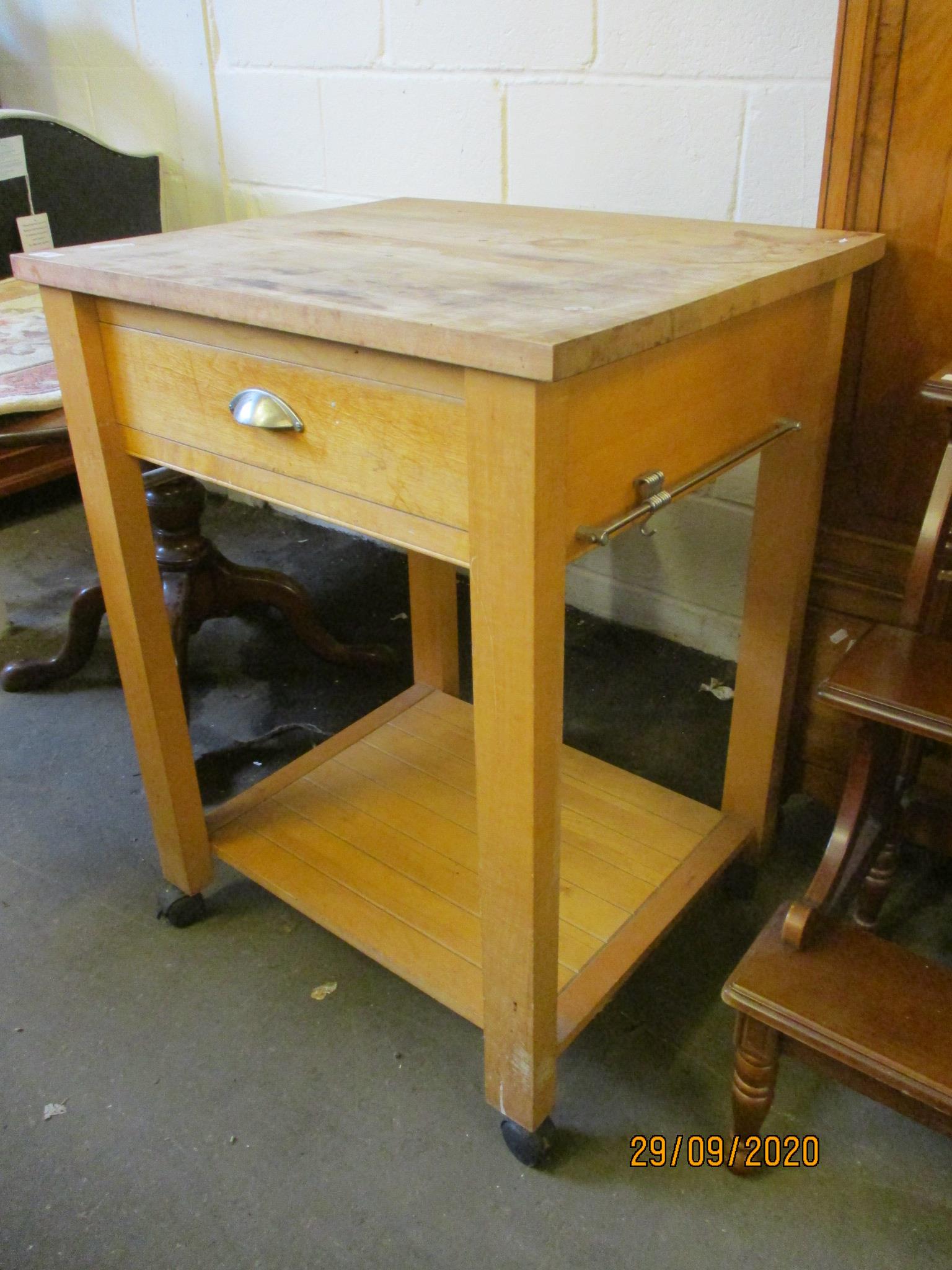 PINE BUTCHER’S BLOCK TYPE KITCHEN TABLE WITH SINGLE DRAWER, 70CM WIDE