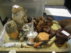 TRAY OF MAINLY WOODEN ITEMS AND PLATED WINE FUNNEL