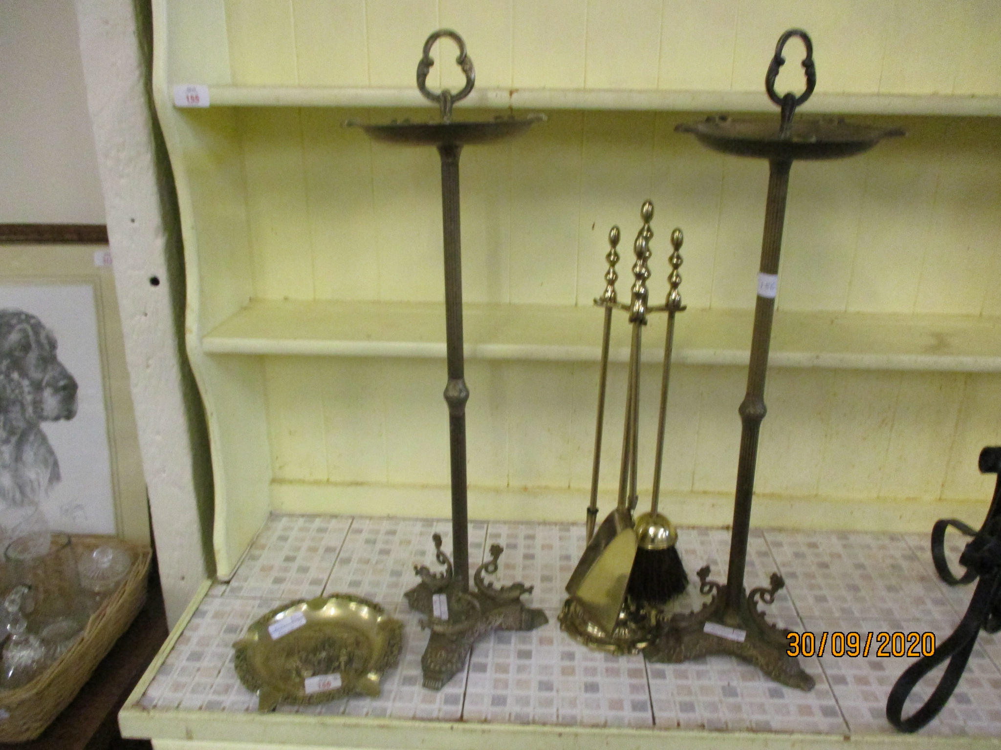 BRASS COMPANION SET, ASH TRAYS ETC