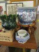 MODERN ORIENTAL JARDINIERE ON WOODEN STAND, TOGETHER WITH SMALLER EXAMPLES AND A PORTMEIRION BOWL (