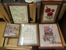 VARIOUS EMBROIDERED PICTURES AND PRINTS ETC