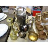 BRASS CANDLESTICK, POTTERY VASE AND COVER WITH CLASSICAL DECORATION AND METAL WATERING CAN AND