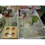 LARGE PLASTIC BOX CONTAINING CUT GLASS WARES, VASES, DECANTER AND GLASSES