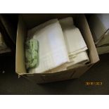 LARGE BOX VARIOUS TABLE CLOTHS AND LINEN