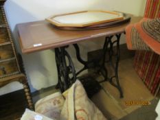 MAHOGANY TOPPED FORMER SEWING MACHINE TABLE (MACHINE MISSING), 103CM WIDE