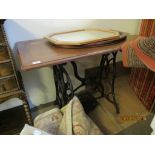 MAHOGANY TOPPED FORMER SEWING MACHINE TABLE (MACHINE MISSING), 103CM WIDE