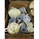 BOX OF MODERN CERAMICS COMPRISING VARIOUS TEA POTS, CUPS AND SAUCERS AND COMMEMORATIVE PLATES