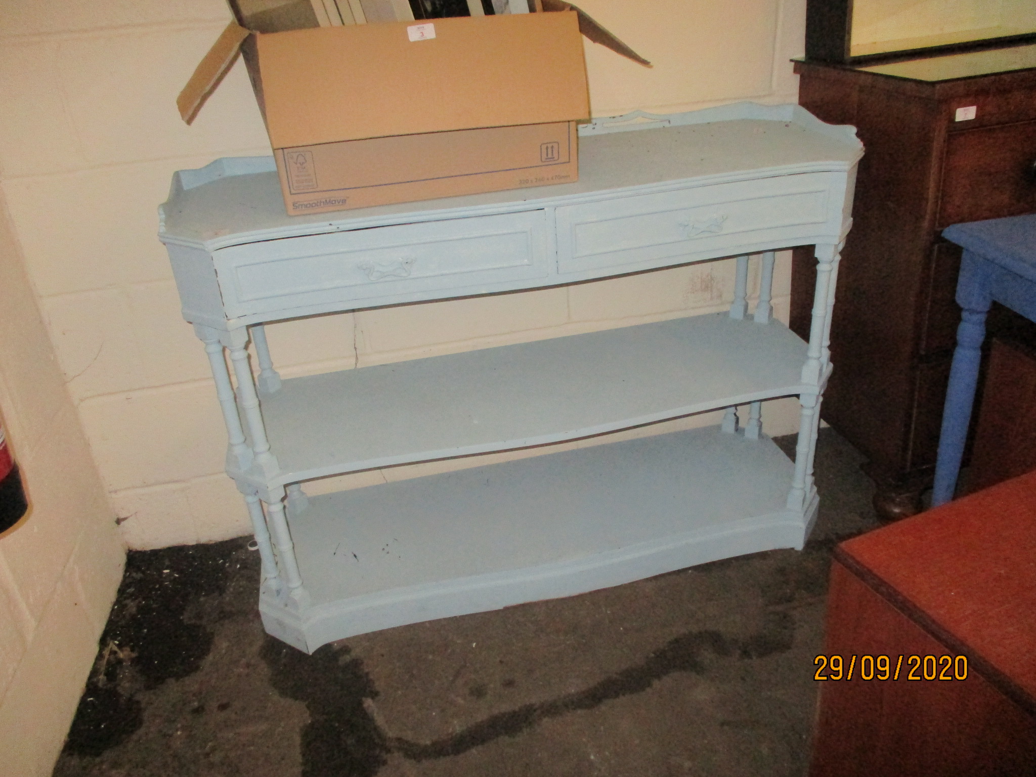 BLUE PAINTED REPRODUCTION THREE-TIER SIDE TABLE, 124CM WIDE