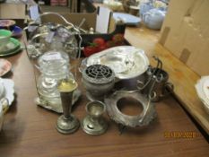 MIXED PLATED WARES INCLUDING GLASS JAR AND COVER WITH PLATED MOUNTS