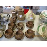 STUDIO POTTERY TEA SET COMPRISING SIX CUPS AND SAUCERS, JUG, SUGAR BOWL ETC AND A CASSEROLE WITH