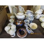 GROUP OF POTTERY AND PORCELAIN ITEMS INCLUDING TWO TEA POTS, TWO PARIAN WARE JUGS FROM THE