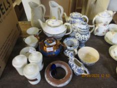 GROUP OF POTTERY AND PORCELAIN ITEMS INCLUDING TWO TEA POTS, TWO PARIAN WARE JUGS FROM THE